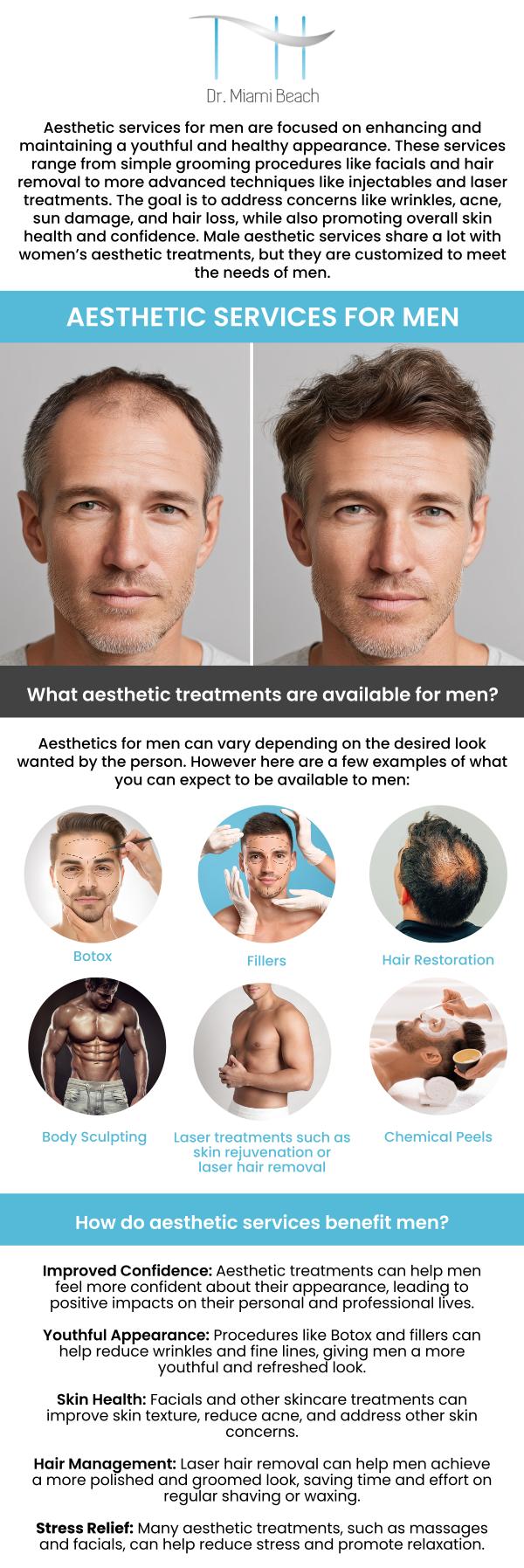 Aesthetic services for men at Dr. Miami Beach offer tailored treatments to enhance your appearance, boost confidence, and maintain a youthful look. Our services are designed to meet men's unique needs. Our team of aestheticians helps you achieve natural-looking results. For more information, please contact us or schedule an appointment online. We are conveniently located at 400 W. 41St Street, Suite #412, Miami Beach, FL 33140.