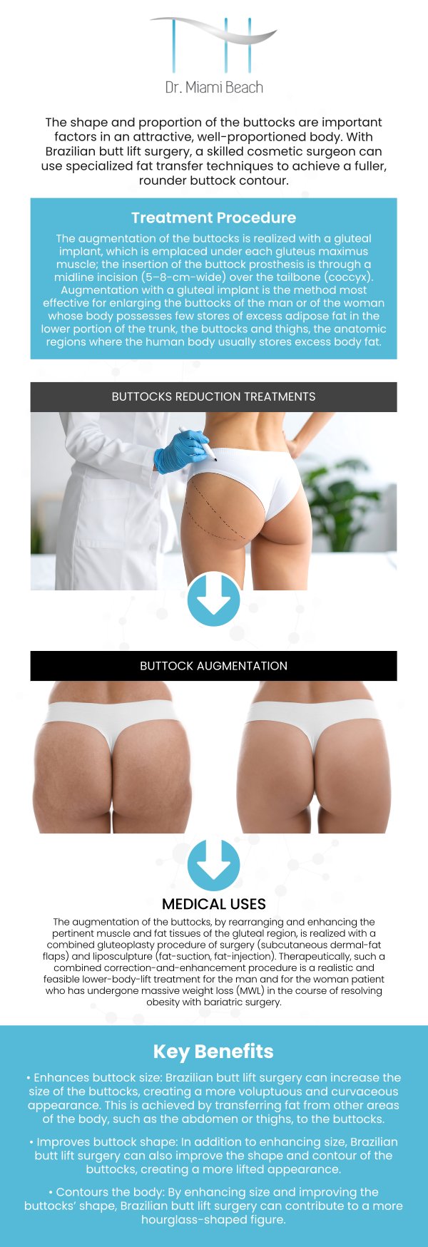 A Miami Butt Lift, also known as a Brazilian Butt Lift (BBL), is an aesthetic treatment that removes fat from the buttocks through liposuction, injecting it into the buttocks to create a fuller, contoured appearance, slim down problem areas, and enhance a balanced, aesthetically pleasing silhouette. If you are interested in Miami Butt Lift (BBL) surgery visit our amazing team of experts at Dr. Miami Beach. For more information, contact us or schedule an appointment online. We are conveniently located at 400 W. 41St Street, Suite #412, Miami Beach, FL 33140.