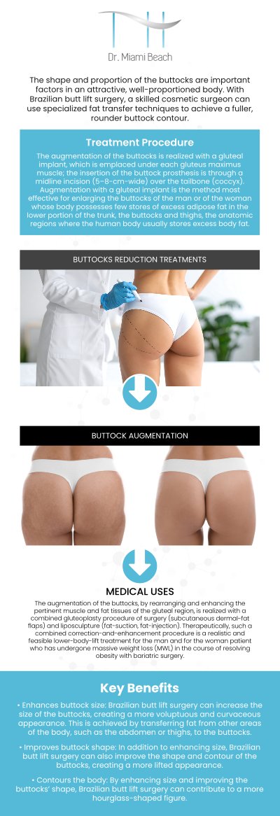 A Miami Butt Lift, also known as a Brazilian Butt Lift (BBL), is an aesthetic treatment that removes fat from the buttocks through liposuction, injecting it into the buttocks to create a fuller, contoured appearance, slim down problem areas, and enhance a balanced, aesthetically pleasing silhouette. If you are interested in Miami Butt Lift (BBL) surgery visit our amazing team of experts at Dr. Miami Beach. For more information, contact us or schedule an appointment online. We are conveniently located at 400 W. 41St Street, Suite #412, Miami Beach, FL 33140.