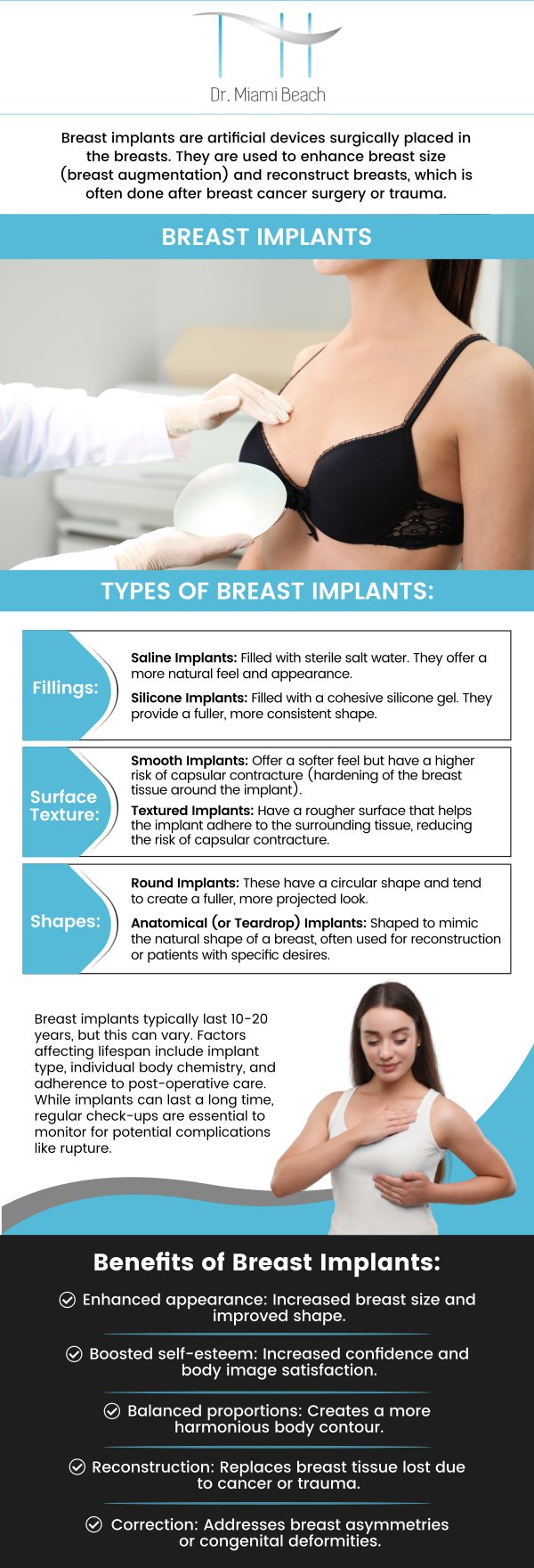 Breast implants are a popular cosmetic procedure that enhances the size and shape of the breasts, offering a more balanced and youthful appearance. At Dr. Miami Beach, our experienced aestheticians provide personalized consultations to ensure that each patient receives the most suitable options for their body and aesthetic goals. For more information, contact us or request an appointment online. We are conveniently located at 400 W. 41St Street, Suite #412, Miami Beach, FL 33140.