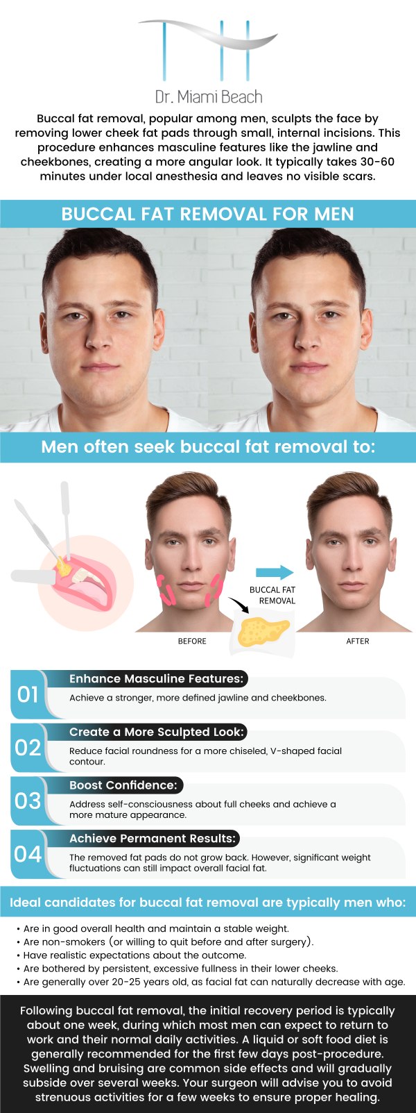 Buccal fat removal surgery is significant for men who desire a more defined and masculine facial structure by reducing excess fullness in the cheeks. This procedure enhances the jawline and creates sharper facial contours, boosting confidence and improving overall facial balance. For men aiming for a sculpted, athletic appearance, buccal fat removal provides a targeted solution that complements their natural features while maintaining a strong masculine look. Visit our experienced professionals at Dr. Miami Beach. For more information, contact us or request an appointment online. We are conveniently located at 400 W. 41St Street, Suite #412, Miami Beach, FL 33140.