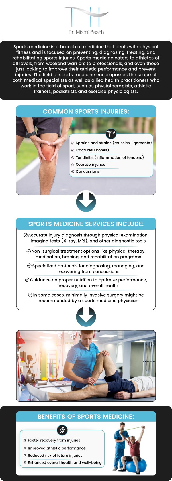 Sports medicine specialists diagnose and treat injuries sustained during physical activity, not just for athletes. Our team of professionals at Dr. Miami Beach offers sports medicine services, focusing on injury prevention, treatment, performance optimization, rehabilitation, nutrition advice, and personalized training plans. For more information, contact us or schedule an appointment online. We are conveniently located at 400 W. 41St Street, Suite #412, Miami Beach, FL 33140.