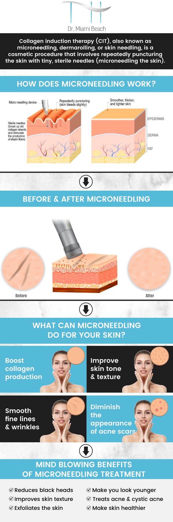 Microneedling is an advanced cosmetic procedure that revitalizes your skin by stimulating collagen production, reducing fine lines, and improving texture. At Dr. Miami Beach, we specialize in microneedling treatments to help you achieve smoother, more youthful-looking skin. Our team is committed to delivering outstanding results while prioritizing your safety and satisfaction. For more information, contact us or schedule an appointment online. We are conveniently located at 400 W. 41St Street, Suite #412, Miami Beach, FL 33140.
