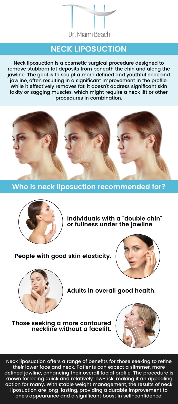 Common questions asked by clients: What is neck liposuction, and how does it improve the appearance of the neck? How is neck liposuction performed, and what is the procedure like? What are the benefits of neck liposuction compared to other neck contouring treatments? How long does it take to recover from neck liposuction? For more information, please contact us or schedule an appointment online. We are conveniently located at 400 W. 41St Street, Suite #412, Miami Beach, FL 33140. We serve clients from Miami Beach FL, Miami FL, Brickell FL, Bay Harbor Islands FL, Coral Gables FL, Sunny Isles FL, Key Biscayne FL, and surrounding areas.