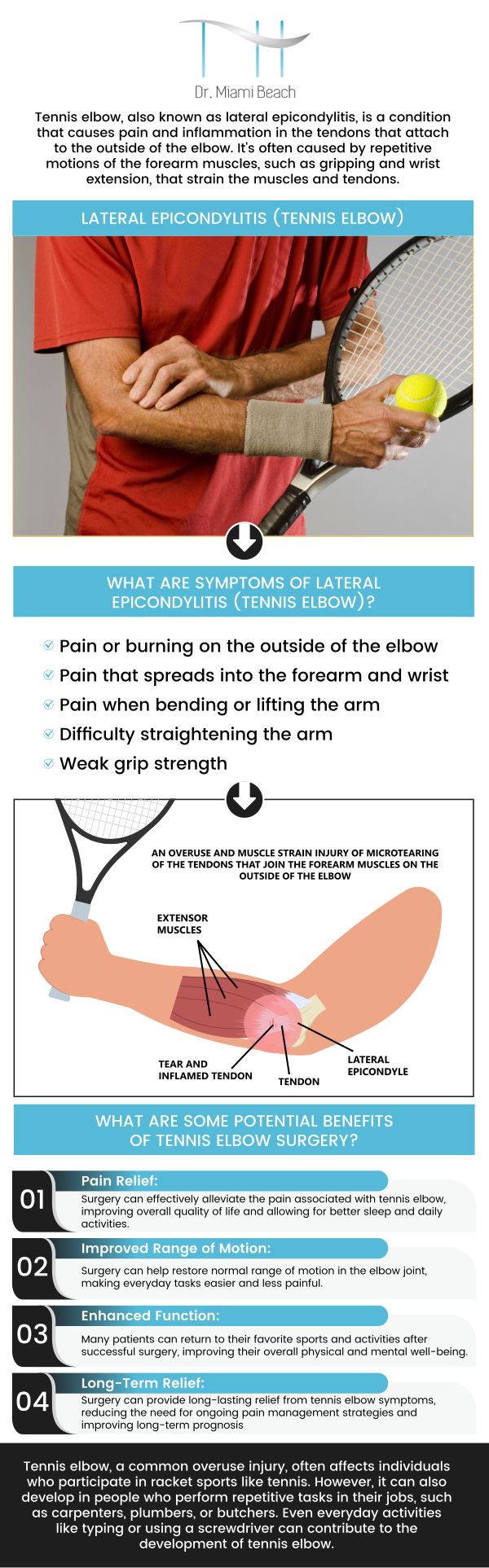 Common questions asked by patients: What is the main cause of tennis elbow? Will lateral epicondylitis go away? What aggravates lateral epicondylitis? How do you fix lateral epicondylitis? Is squeezing a ball good for tennis elbow? For more information, please contact us or schedule an appointment online. We are conveniently located at 400 W. 41St Street, Suite #412, Miami Beach, FL 33140. We serve clients from Miami Beach FL, Miami FL, Brickell FL, Bay Harbor Islands FL, Coral Gables FL, Sunny Isles FL, Key Biscayne FL and surrounding areas.
