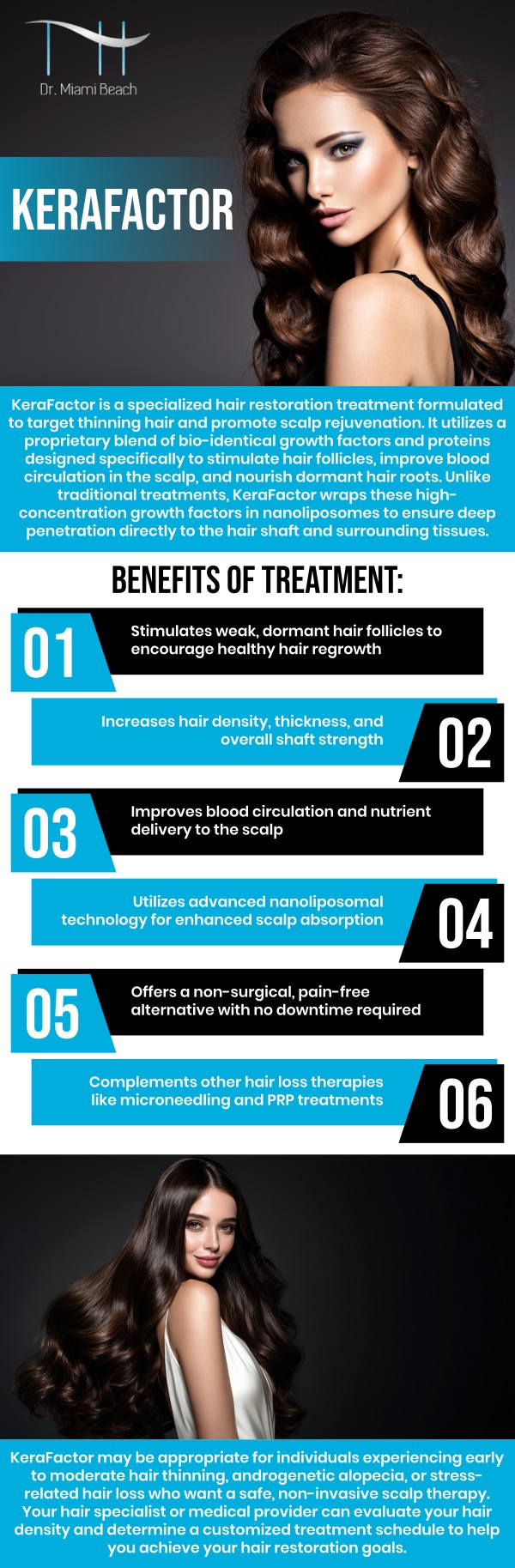 Common questions asked by clients: What is KeraFactor and how does it support healthier-looking hair? Who may be a good candidate for KeraFactor treatment? How many KeraFactor treatments are typically recommended? When can results from KeraFactor treatment become noticeable? For more information, please contact us or schedule an appointment online. We are conveniently located at 400 W. 41St Street, Suite #412, Miami Beach, FL 33140. We serve clients from Miami FL, Brickell FL, Bay Harbor Islands FL, Coral Gables FL, Sunny Isles FL, Key Biscayne FL and surrounding areas.